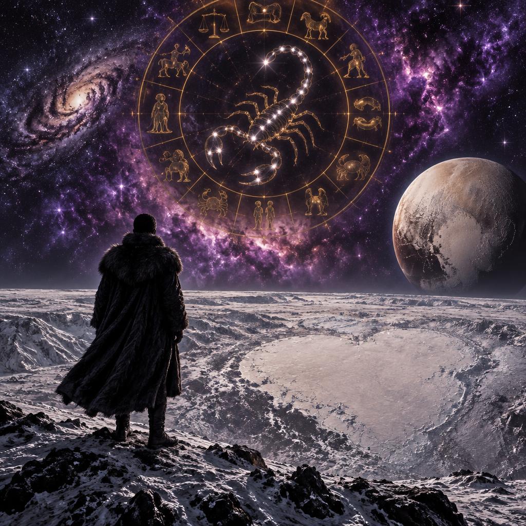 Cosmic artwork: a figure in a fur coat standing on the icy surface of Pluto beneath a golden zodiac wheel and the Scorpio constellation