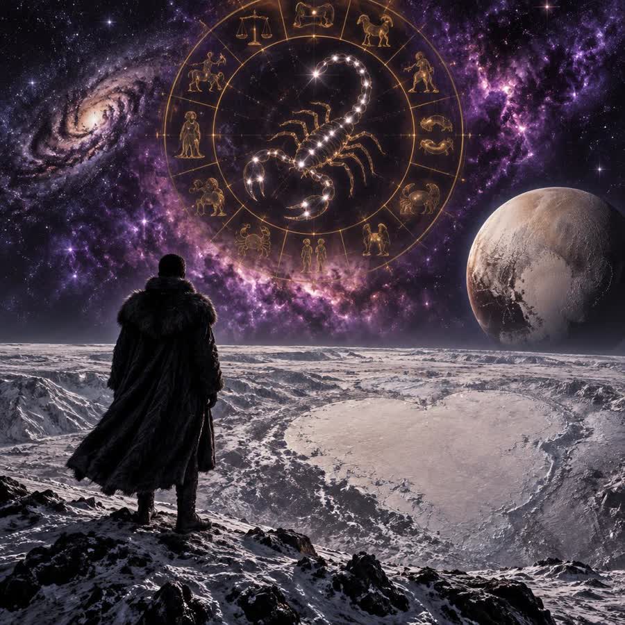Cosmic artwork: a figure in a fur coat standing on the icy surface of Pluto beneath a golden zodiac wheel and the Scorpio constellation